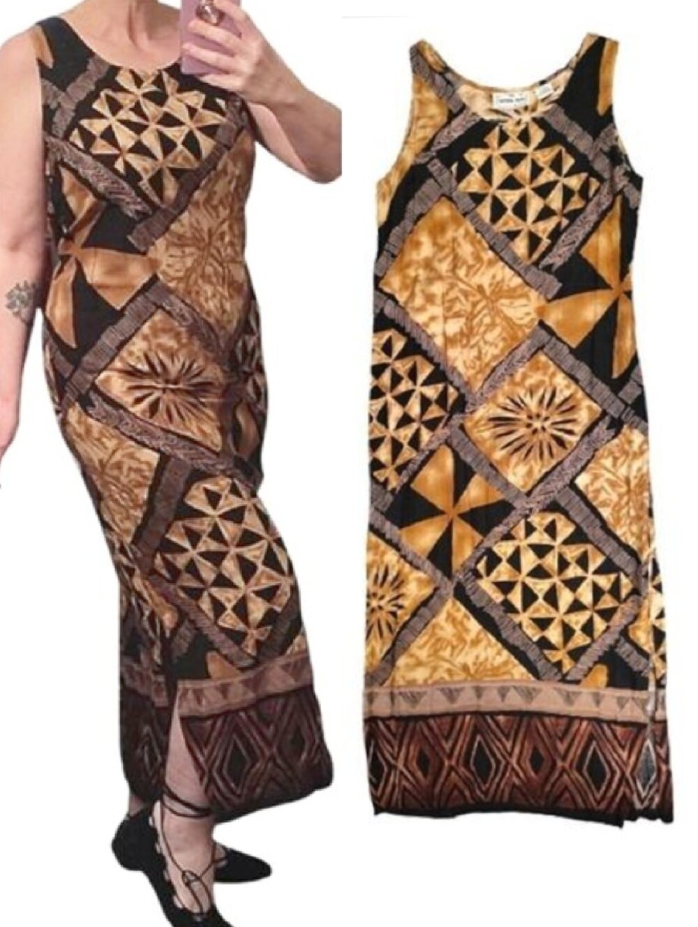 VTG 90s Brown Black Tribal Print Tie Back Midi Hawaiian Wiggle‎ Dress SZ LP Boho